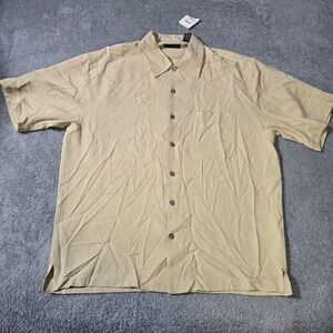 Anthology Mens L Button Down Shirt Tan 100% Silk Textured Waffle Short Sleeve